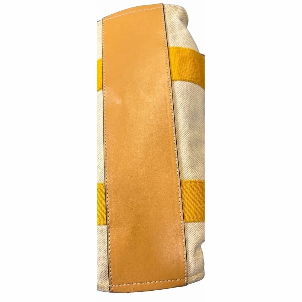Tory Burch Canvas Tote with Yellow Straps and Tan Logo Charm